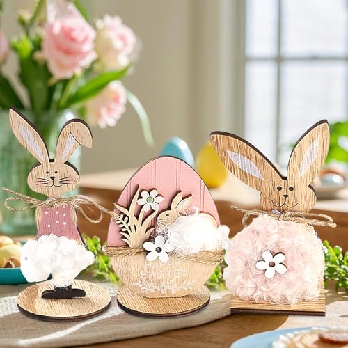 Osterhase Deko aus Holz, Ostern Hase Aufsteller, 3er Set Osterdeko Holz Hase zum Hinstellen, Kaninchen Frühlingsdeko Holzfiguren Ornamente für Ostern Tischdeko (3pcs*B) von Kaezuy