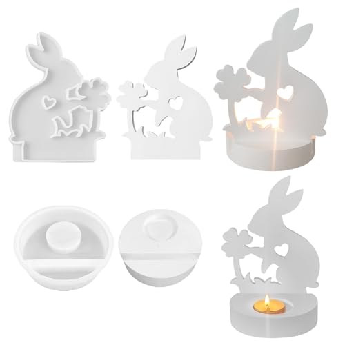 Ostern Silikonformen Kerzenhalter Kaninchen Gießformen Kerzenhalter mit Sockel, Ostern Hase Silikon Kerzenformen, DIY Hasenform Giessform für Kerzenständer Stabkerzen Teelichter (Stil E) von Kaezuy