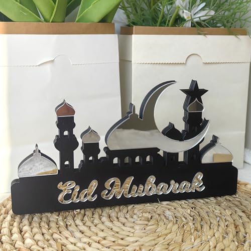 Ramadan Deko Tischschild Holz Eid Kareem Tischplatte Zeichen für Haus Raum Mittelstücke, Eid Mubarak Stern Mond Laternen Burgen Ornament für Islamische Muslim Dekoration (Eid Mubarak*Silver) von Kaezuy