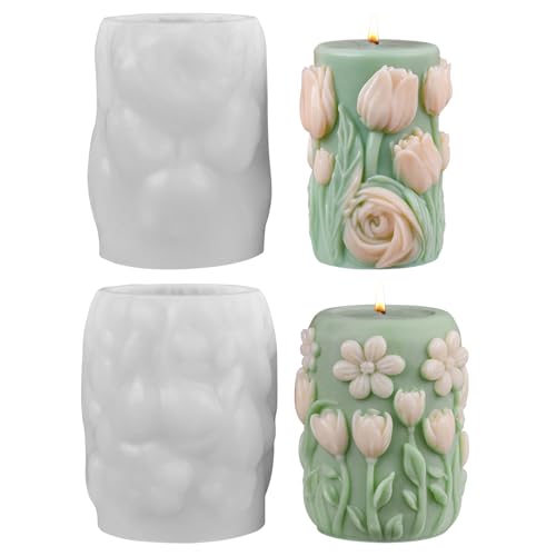 Zylinderförmig Kerzenformen Blumenmuster, Silikonform Kerzen Gießen, Säule Silikonform Blumen Gießform Kerzenhalter, Silikonform für Sojawachs Kerzen, DIY Handgefertigte Seife Ornamente (2PCS) von Kaezuy