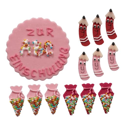 Kaffeehaus Diamant - großes Backdekor Set zur Einschulung - 1 Schild, 6 Schultüten und 6 Stifte - rosa, rot, pink - Zuckerdekoration zum Schulstart für Mädchen von Kaffeehaus Diamant