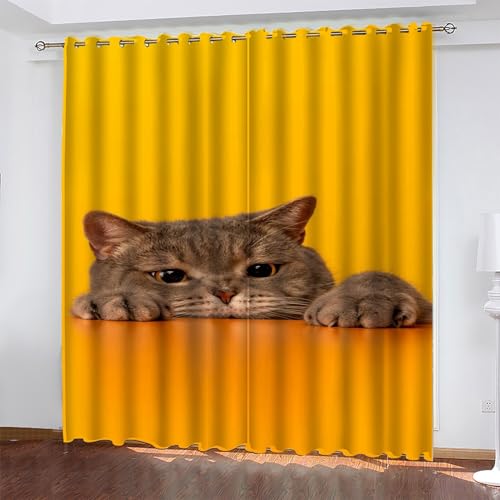 Gelb Gardinen Katze Vorhänge Blickdicht, Blackout Curtain, Lärmschutzvorhang, Geeignet für Haus Balkon Kinderzimmer, Schlafzimmer Wohnzimmer Fenster, H 175 x B 140 cm, 2 Stück von KaiHeBeding