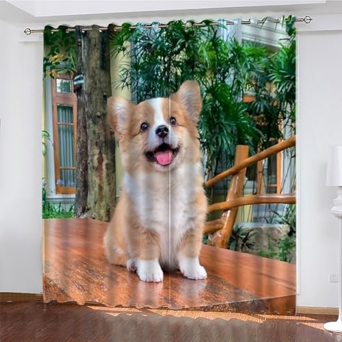 Haustier Gardinen Corgi Vorhänge Blickdicht, Blackout Curtain, Lärmschutzvorhang, Geeignet für Haus Balkon Kinderzimmer, Schlafzimmer Wohnzimmer Fenster, H 175 x B 140 cm, 2 Stück von KaiHeBeding