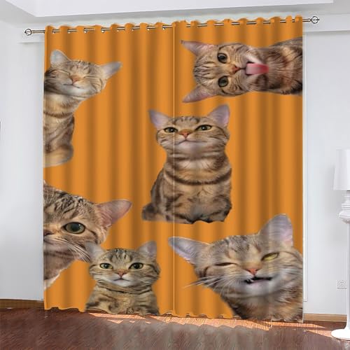 Ingwergelb Gardinen Katze Vorhänge Blickdicht, Blackout Curtain, Lärmschutzvorhang, Geeignet für Haus Balkon Kinderzimmer, Schlafzimmer Wohnzimmer Fenster, H 175 x B 140 cm, 2 Stück von KaiHeBeding