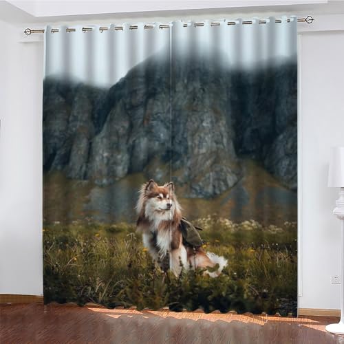 KaiHeBeding Berg Gardinen Hund Vorhänge Blickdicht, Blackout Curtain, Lärmschutzvorhang, Geeignet für Haus Balkon Kinderzimmer, Schlafzimmer Wohnzimmer Fenster, H 175 x B 140 cm, 2 Stück von KaiHeBeding