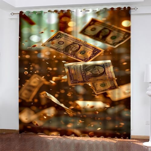 KaiHeBeding Gold Gardinen Banknoten Vorhänge Blickdicht, Blackout Curtain, Lärmschutzvorhang, Geeignet für Haus Balkon Kinderzimmer, Schlafzimmer Wohnzimmer Fenster, H 175 x B 140 cm, 2 Stück von KaiHeBeding