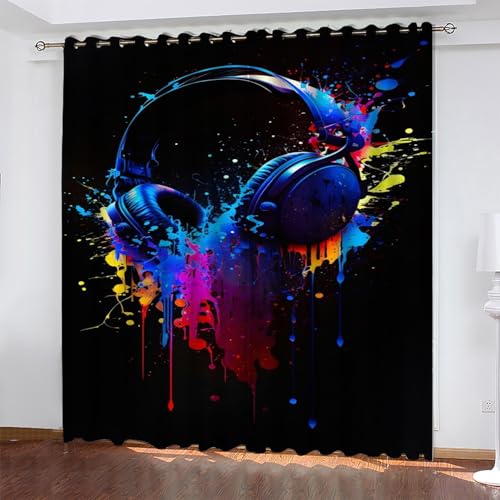 KaiHeBeding Graffiti Gardinen KopfhöRer Vorhänge Blickdicht, Blackout Curtain, Lärmschutzvorhang, Geeignet für Haus Balkon Kinderzimmer, Schlafzimmer Wohnzimmer Fenster, H 175 x B 140 cm, 2 Stück von KaiHeBeding