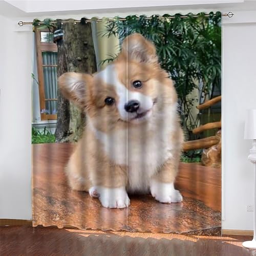 KaiHeBeding Niedlich Gardinen Corgi Vorhänge Blickdicht, Blackout Curtain, Lärmschutzvorhang, Geeignet für Haus Balkon Kinderzimmer, Schlafzimmer Wohnzimmer Fenster, H 175 x B 140 cm, 2 Stück von KaiHeBeding