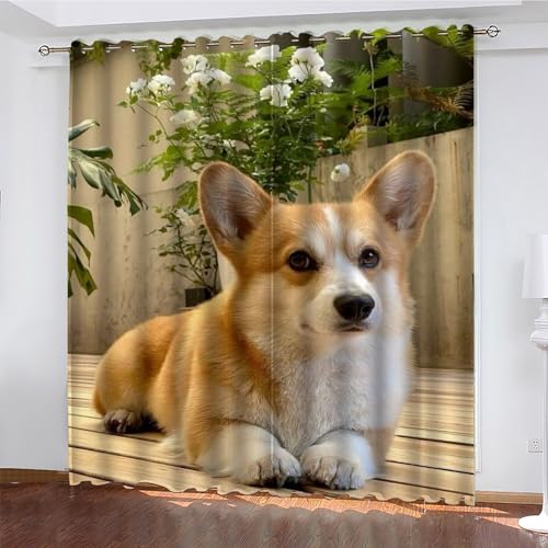 KaiHeBeding Niedlich Gardinen Corgi Vorhänge Blickdicht, Blackout Curtain, Lärmschutzvorhang, Geeignet für Haus Balkon Kinderzimmer, Schlafzimmer Wohnzimmer Fenster, H 175 x B 140 cm, 2 Stück von KaiHeBeding