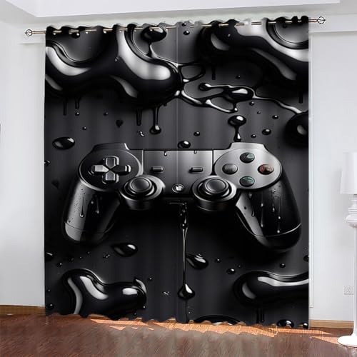 KaiHeBeding Schwarz Gardinen Gamepad Vorhänge Blickdicht, Blackout Curtain, Lärmschutzvorhang, Geeignet für Haus Balkon Kinderzimmer, Schlafzimmer Wohnzimmer Fenster, H 175 x B 140 cm, 2 Stück von KaiHeBeding