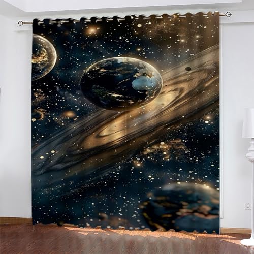 KaiHeBeding Sternenhimmel Gardinen Erde Vorhänge Blickdicht, Blackout Curtain, Lärmschutzvorhang, Geeignet für Haus Balkon Kinderzimmer, Schlafzimmer Wohnzimmer Fenster, H 175 x B 140 cm, 2 Stück von KaiHeBeding