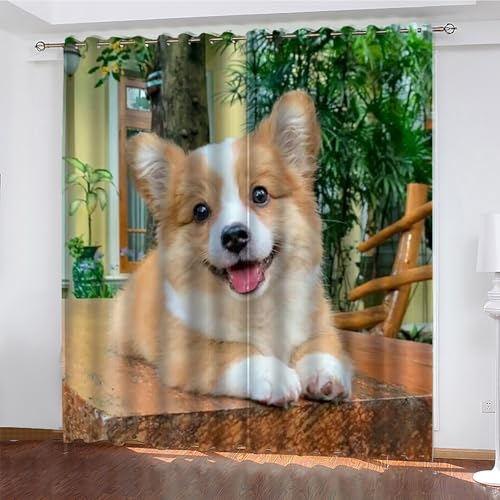 KaiHeBeding Tier Gardinen Corgi Vorhänge Blickdicht, Blackout Curtain, Lärmschutzvorhang, Geeignet für Haus Balkon Kinderzimmer, Schlafzimmer Wohnzimmer Fenster, H 175 x B 140 cm, 2 Stück von KaiHeBeding