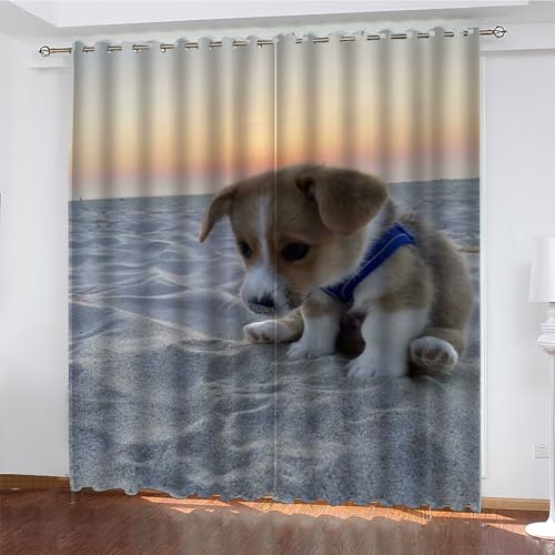 KaiHeBeding Tier Gardinen Corgi Vorhänge Blickdicht, Blackout Curtain, Lärmschutzvorhang, Geeignet für Haus Balkon Kinderzimmer, Schlafzimmer Wohnzimmer Fenster, H 175 x B 140 cm, 2 Stück von KaiHeBeding