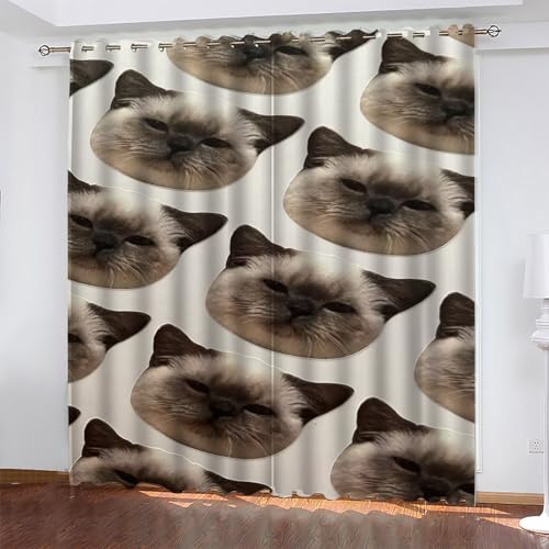 KaiHeBeding Tier Gardinen Siamkatze Vorhänge Blickdicht, Blackout Curtain, Lärmschutzvorhang, Geeignet für Haus Balkon Kinderzimmer, Schlafzimmer Wohnzimmer Fenster, H 175 x B 140 cm, 2 Stück von KaiHeBeding