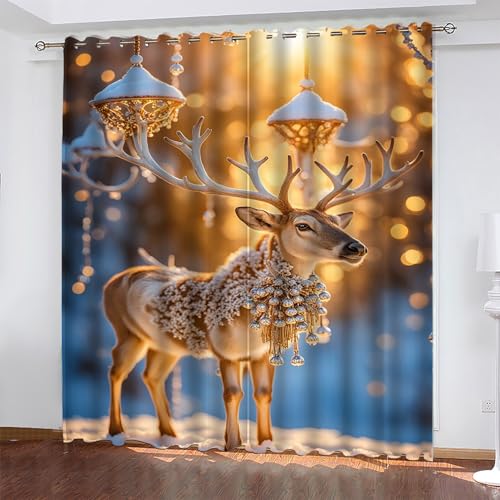 KaiHeBeding Weihnachten Gardinen Elch Vorhänge Blickdicht, Blackout Curtain, Lärmschutzvorhang, Geeignet für Haus Balkon Kinderzimmer, Schlafzimmer Wohnzimmer Fenster, H 175 x B 140 cm, 2 Stück von KaiHeBeding