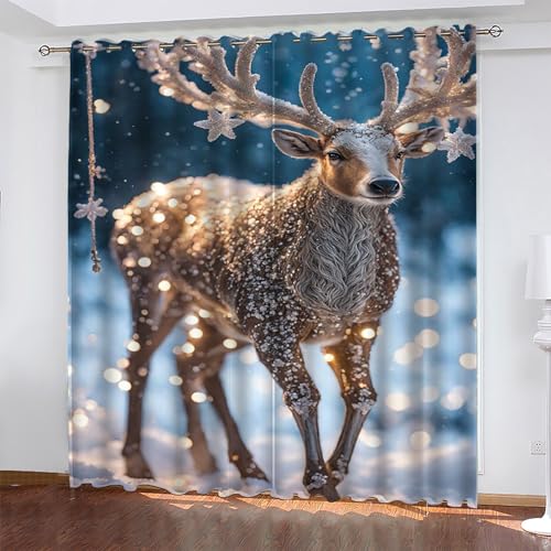 KaiHeBeding Weihnachten Gardinen Elch Vorhänge Blickdicht, Blackout Curtain, Lärmschutzvorhang, Geeignet für Haus Balkon Kinderzimmer, Schlafzimmer Wohnzimmer Fenster, H 175 x B 140 cm, 2 Stück von KaiHeBeding