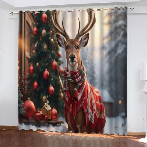 KaiHeBeding Weihnachten Gardinen Elch Vorhänge Blickdicht, Blackout Curtain, Lärmschutzvorhang, Geeignet für Haus Balkon Kinderzimmer, Schlafzimmer Wohnzimmer Fenster, H 175 x B 140 cm, 2 Stück von KaiHeBeding