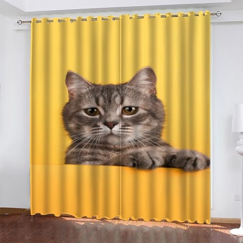 Katze Gardinen Gelb Vorhänge Blickdicht, Blackout Curtain, Lärmschutzvorhang, Geeignet für Haus Balkon Kinderzimmer, Schlafzimmer Wohnzimmer Fenster, H 175 x B 140 cm, 2 Stück von KaiHeBeding