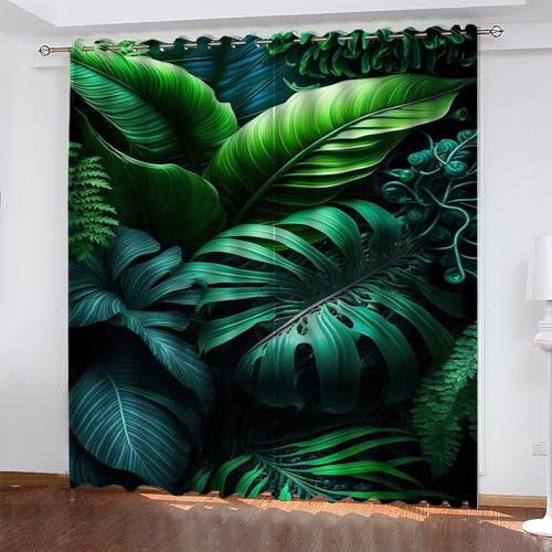 Monstera Deliciosa Gardinen Blatt Vorhänge Blickdicht, Blackout Curtain, Lärmschutzvorhang, Geeignet für Haus Balkon Kinderzimmer, Schlafzimmer Wohnzimmer Fenster, H 175 x B 140 cm, 2 Stück von KaiHeBeding