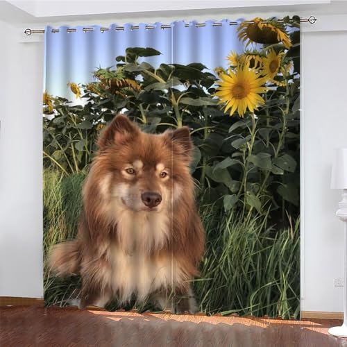 Sonnenblume Gardinen Alaskan Hund Vorhänge Blickdicht, Blackout Curtain, Lärmschutzvorhang, Geeignet für Haus Balkon Kinderzimmer, Schlafzimmer Wohnzimmer Fenster, H 175 x B 140 cm, 2 Stück von KaiHeBeding