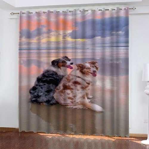 Sonnenuntergang Gardinen Border-Collie Vorhänge Blickdicht, Blackout Curtain, Lärmschutzvorhang, Geeignet für Haus Balkon Kinderzimmer, Schlafzimmer Wohnzimmer Fenster, H 175 x B 140 cm, 2 Stück von KaiHeBeding