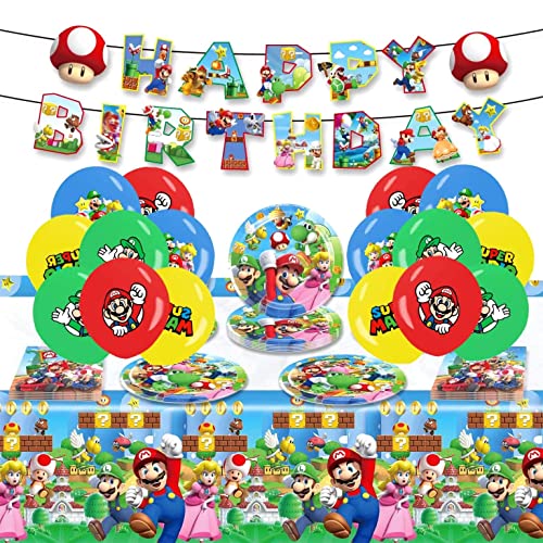 68pcs mario Geburtstag Deko Latexballons,Mario Dekoration Geburtstag Partygeschirr Set,Mario Geburtstag Party Set mit Teller und Becher Servietten Tischdecke Banner Ballon von Kaimirui