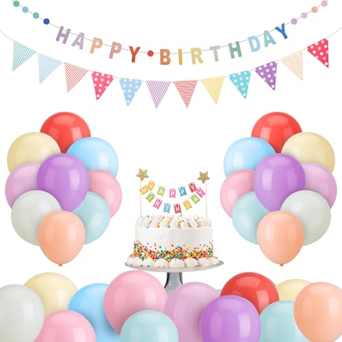 Happy Birthday Girlande, Bunt Happy Birthday Banner Set und Luftballons Pastell 53Stk Geburtstagsdeko Happy Birthday Deko Tortendeko Party Deko für Erwachsene,Kinder,Mädchen,Frauen von Kaisibum