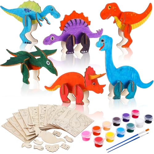 Kaisibum 18 Stück Dinosaurier Holz Bastelset, 3D Dinosaurier Holzbastelsets für Kinder, DIY Dino Holzbastelsets, Dino Bastelset Kinder für Jungen Mädchen, mit Acrylfarben Pinsel von Kaisibum