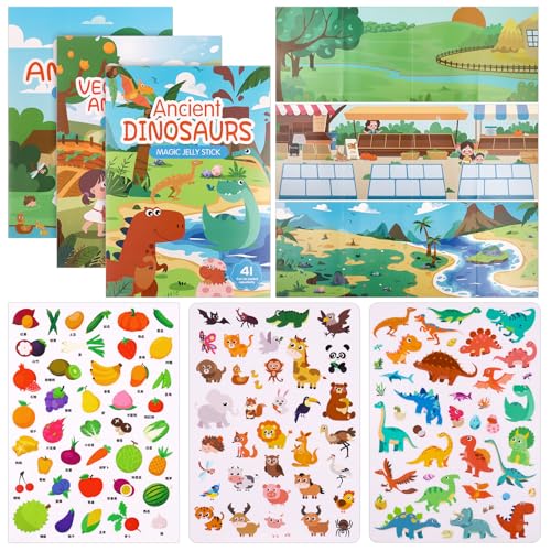 Kaisibum 3 Pack Wiederverwendbare Sticker, 3D Sticker Szenen Kinder Stickerbuch Dinosaurier/Tiere/Obst und Gemüse Pädagogische Sensorische Lernspielzeug für Kinder von Kaisibum