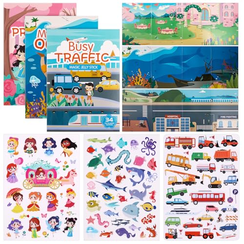 Kaisibum 3 Pack Wiederverwendbare Stickerbuch, Kinder Stickern Spielzeuge 3D Szenen Aufkleber Bilderbuch Prinzessin/Transport/Ozean Pädagogische Sensorische Lernspielzeug für Junge, Mädchen von Kaisibum