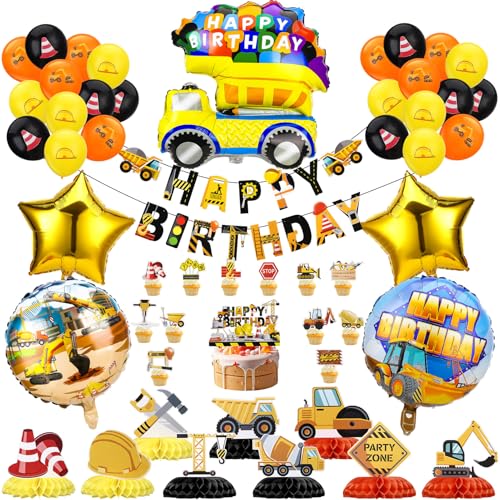 Kaisibum Bagger Geburtstag Deko Set, Baustelle Geburtstag Deko mit Luftballons Baustelle Tortendeko Happy Birthday Banner Bienenwabe Mittelstücke Dekoration,Baustelle Kindergeburtstag Party Dekoration von Kaisibum