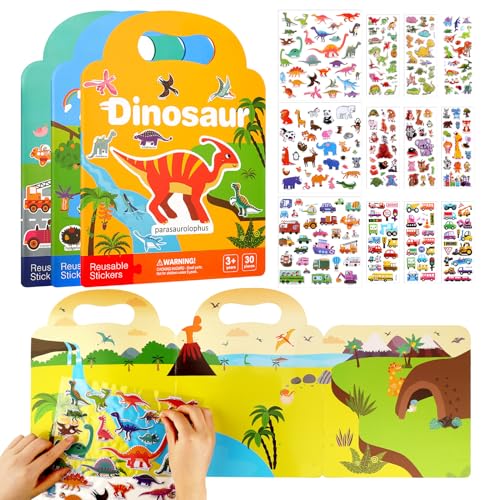 Kaisibum 3 Set Stickerbuch Wiederverwendbar Bücher für Kinder, 3D Sticker Book Wiederverwendbare Stickerbücher, Dinosaurier,Tiere, Fahrzeug Sticker Buch mit 180+ 3D Puffy Sticker ab 2 Jahre Kinder von Kaisibum