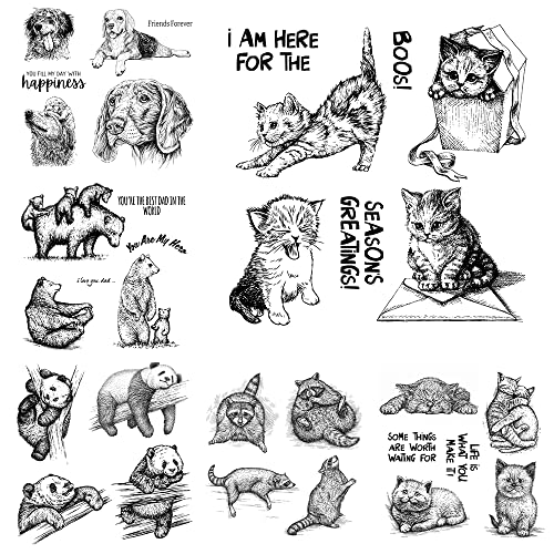 6 Stück Klar Silikonstempel Set, Frühling Stempel, Tiere, für Scrapbooking Fotoalbum, Stempelset (Katzen/Waschbären/Pandas/Hunde/Bären) von Kaizuca