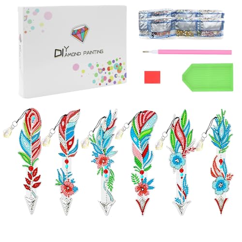 Kaizuca 6 Stück Diamond Painting Lesezeichen Set, Diamant-Malerei Feder Lesezeichen mit Anhänger Kristall, Lesezeichen Diamond Painting Kinder Erwachsene für DIY Kunsthandwerk Geschenk Set (A) von Kaizuca