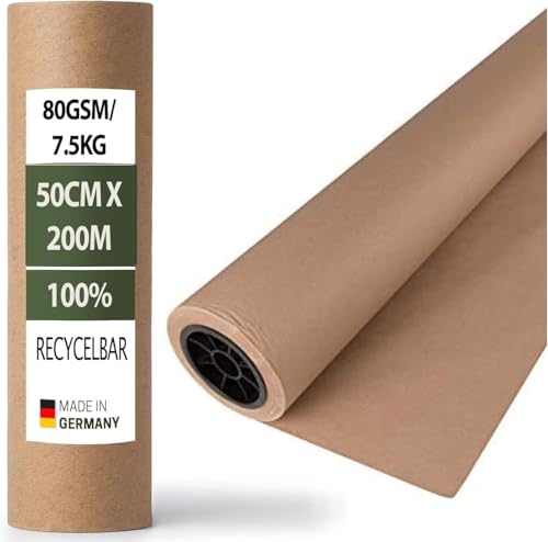 Kajal Kraftpapierrolle braun Schrenzpapier 1 Packung 80 GSM (50 cm x 200 m) - Hochwertiges Verpackungs- und Bastelpapier für vielseitige Anwendungen 100% recycelt von Kajal