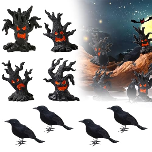 Halloween Krähe Dekoration Set, 4*Rabe Dekor Halloween Gefälschte Krähe Requisiten ＆4*Halloween Baummonster Statue, Halloween Party Dekorationen, Spukhaus Dekorationen für drinnen und draußen von Kalamakala