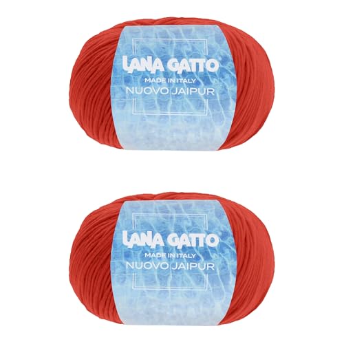 Baumwollgarn Lana Gatto Linie Nuovo Jaipur, 100% Baumwolle zum Stricken oder Häkeln, 2 Knäuel Länge 200m auf 100g Baumwolle (Rot, 2) von Kalapanta