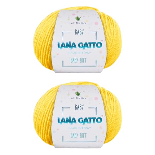 Wolle zum Stricken oder Häkeln 100% Merinowolle Extrafine von Lana Gatto. Baby Soft Linie Kinder, Neugeborene natürlich mit Aloe Vera (2, Gelb - 8437) von Kalapanta