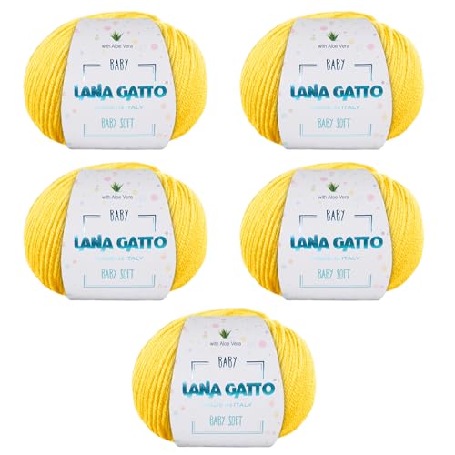 Wolle zum Stricken oder Häkeln 100% Merinowolle Extrafine von Lana Gatto. Baby Soft Linie Kinder, Neugeborene natürlich mit Aloe Vera (5, Gelb - 8437) von Kalapanta