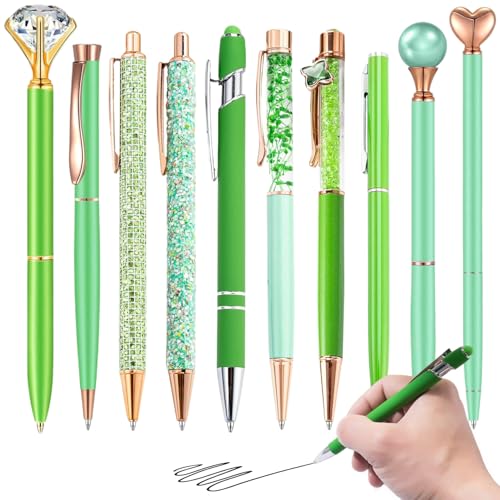 10pcs/Set -Kugelstifte, Kristallglittergrüne Stifte Edelstahl Kugelschreiber Diamant Stift Schwarze Tinte Stifte hübsche niedliche Stifte Geschenke für Journaling Women School Office Stifte von Kalastussaari