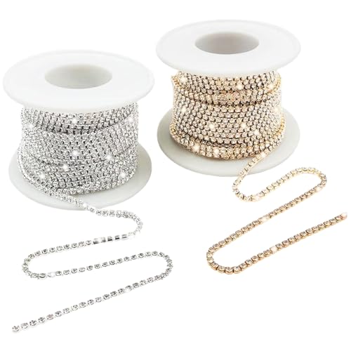 2 Rollen Strasskette, 10,9 Meter 2 mm Kristall Strass Nahkettenverkleidung für Handwerksnähen Schmuck Hochzeitskleidung DIY, Golden & Silber von Kalastussaari