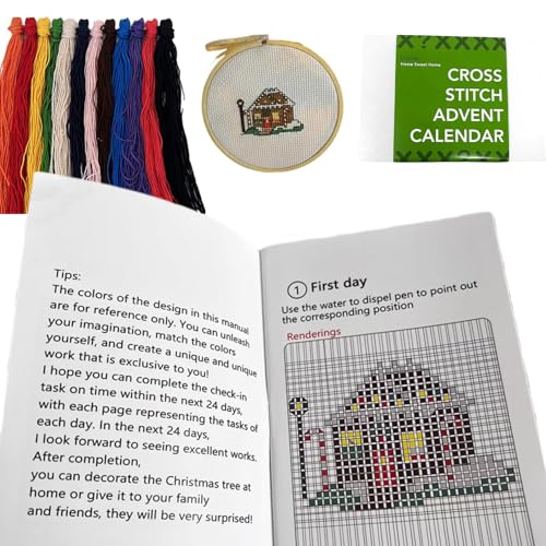 Cross Stitch Adventskalender 2024 24 -Tage -Adventskalender umfasst das Handbuch von 24 Mustern, Nadel, Stoff, Rahmen, Faden und mehr, diy -freundliche Weihnachtsgeschenke für das Nähen von Cross -St von Kalastussaari