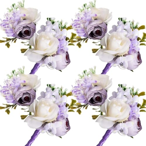 Kalastussaari 8 Stücke Handgelenk Corsage und Boutonniere Set, Corsage Armband Roses Hochzeitszubehör für Bräutigam Brides Prom (lila), Boutineer für Männer Hochzeit von Kalastussaari