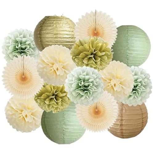 Kalastussaari Papierpom Pom 15pcs/Set 9,8 -Zoll -Papier -Laternen Grün- und Goldgewebepapier Pom Pom Pastell Dekorationen für Hochzeits Geburtstagsfeier, Papierpom Poms von Kalastussaari