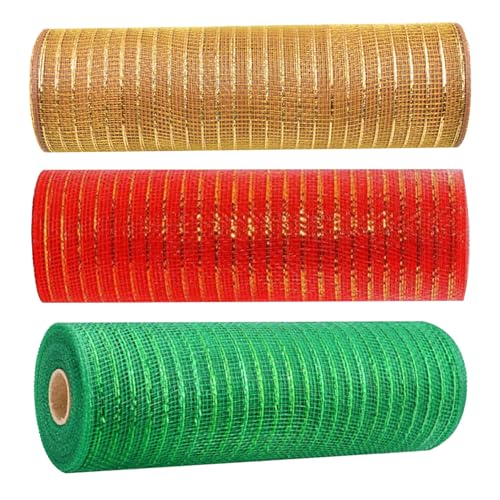 Metallic Mesh Ribbon, Weihnachtsgitterbrötchen, 3 Brötchen Rot/grün/goldener dekoratives Netzband, Stoffnetz mit Folie für Kranzbeutel und Weihnachtsbaumdekoration von Kalastussaari