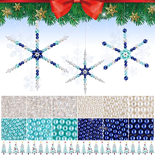 1104 Stück Christmas Snowflake Wire Forms, Kalolary Xmas Metall Schneeflocke DIY Craft Blue White Pearl Charm 24 Stück Metall Schneeflocken Drähte mit 1080 Perlen Basteln Weihnachtskunst Dekoration von Kalolary