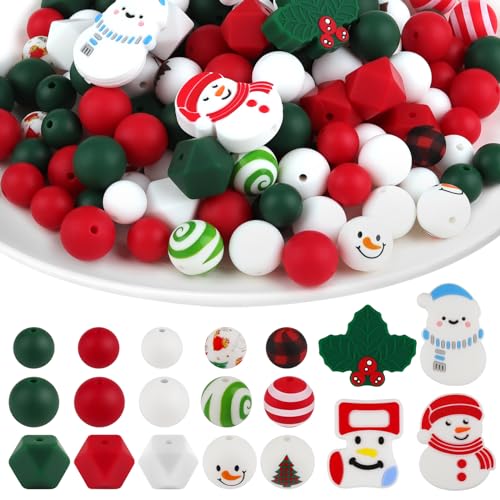 150 Stück Weihnachts-Silikonperlen zum Basteln, Kalolary Weihnachten Silikon lose Perlen Kit sortierte Xmas Runde Grün Rot Perle Weihnachtsmann Schneemann Perlen Weihnachtsohrringe DIY-Zubehör für von Kalolary