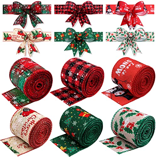 6 Rollen Geschenkband Weihnachten, Kalolary Weihnachten Grosgrain Band Plaid Sackleinen Wired Ribbon Weihnachtsbaum Schneeflocke Plaid Schneemänner Rote Beeren Wired Edge Weihnachtshandwerk Zubehör von Kalolary