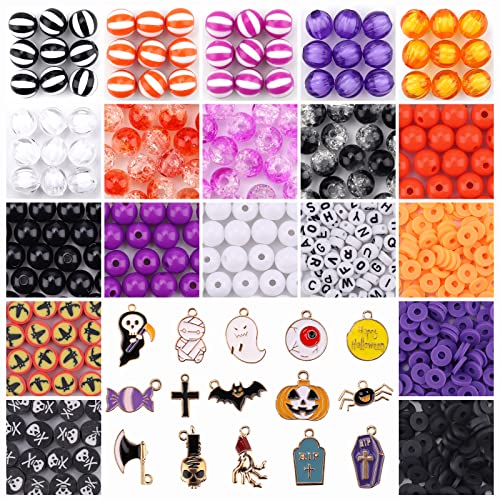 685 Stück Halloween Perlen Charms, Kalolary Halloween Emaille Perlen Schmuckherstellung Acryl Kürbis Lose Perlen Totenkopf Polymer Ton Perlen Halloween Legierungs Charms für Urlaub Halskette Armband von Kalolary