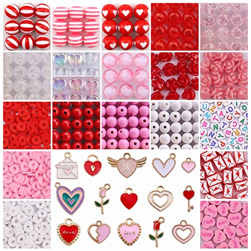 685 Stück Valentinstag Perlen Charms, Kalolary Valentinstag Emaille Perlen für Schmuck Acryl Herz Rose Lose Perlen Liebe Polymer Clay Perlen Valentinstag Charms für Halskette Armband DIY Zubehör von Kalolary